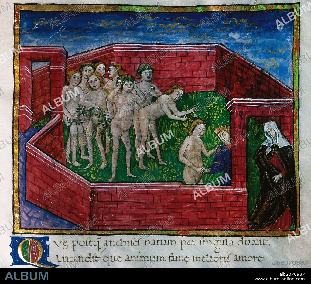 LITERATURA LATINA SIGLO I. VIRGILIO MARON, Publio (70 a. C. -19 d. C.). Miniatura del libro VI, folio 167v de "LA ENEIDA" Manuscrito del siglo XV. "EN LOS CAMPOS ELISEOS, DIDO ENSEÑA A ENEAS LAS ALMAS DE LOS QUE AUN NO HAN NACIDO". Biblioteca Universidad de Valencia. España.
