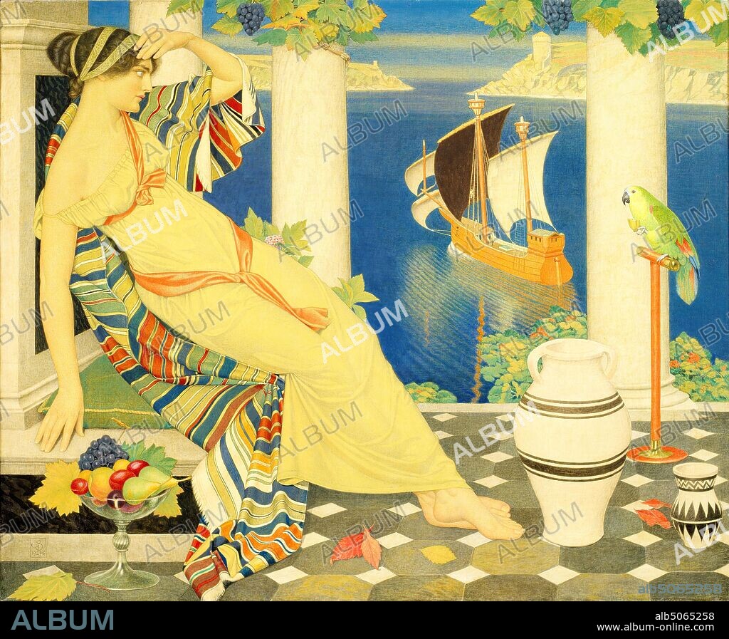 Ariadne in Naxos, 1925, Artist: Joseph Edward Southall (d. 1944), Gilder: Anna Elizabeth Southall, Sleeping, Art Movement, Pre-Raphaelite, Boat, Sailing, Greek Mythology, Birmingham Museums Trust, Birmingham Museum & Art Gallery, Tempera, Fruit, Bird, Parrot, Ship, Royal, Princess, Fruit, Grapes.