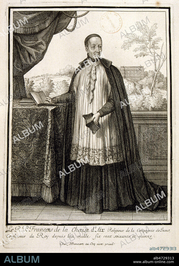 'Le R.P. Francois de La Chaise d'Aix, religieux de la Compagnie de Jesus, confesseur du roi depuis l'an 1675' Gravure d'Henri BONNART (1642-1711) pour le recueil de planches gravees 'Portraits et costumes de l'epoque de Louis XIV.' a Paris vers 1695. (XVIIeme s, 17eme s., 17e s.) Credit : JEAN VIGNE / KHARBINE TAPABOR.