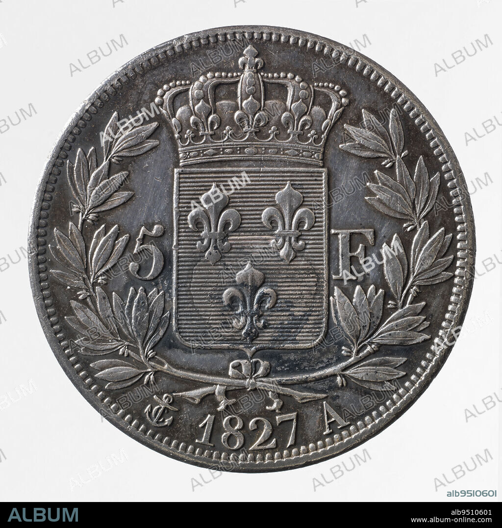 Coin of 5 francs of Charles X, 1827, Michaut, Auguste François, Graveur en médailles, Tiolier, Nicolas-Pierre, Array, Numismatique, Monnaie, Paris, Paris, Diameter: 3.4 cm, Weight (type dimension): 24.95 g.