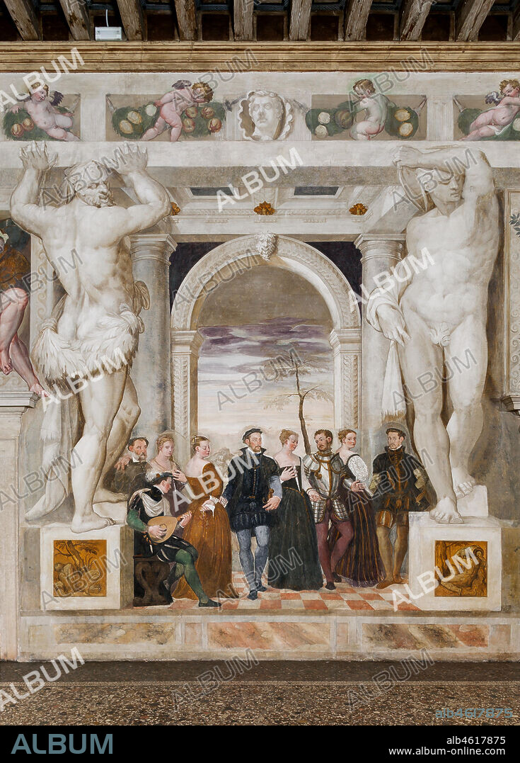 Caldogno, Villa Caldogno, main hall: "Invitation to the Dance";". Fresco by Giovanni Antonio Fasolo, about 1570.