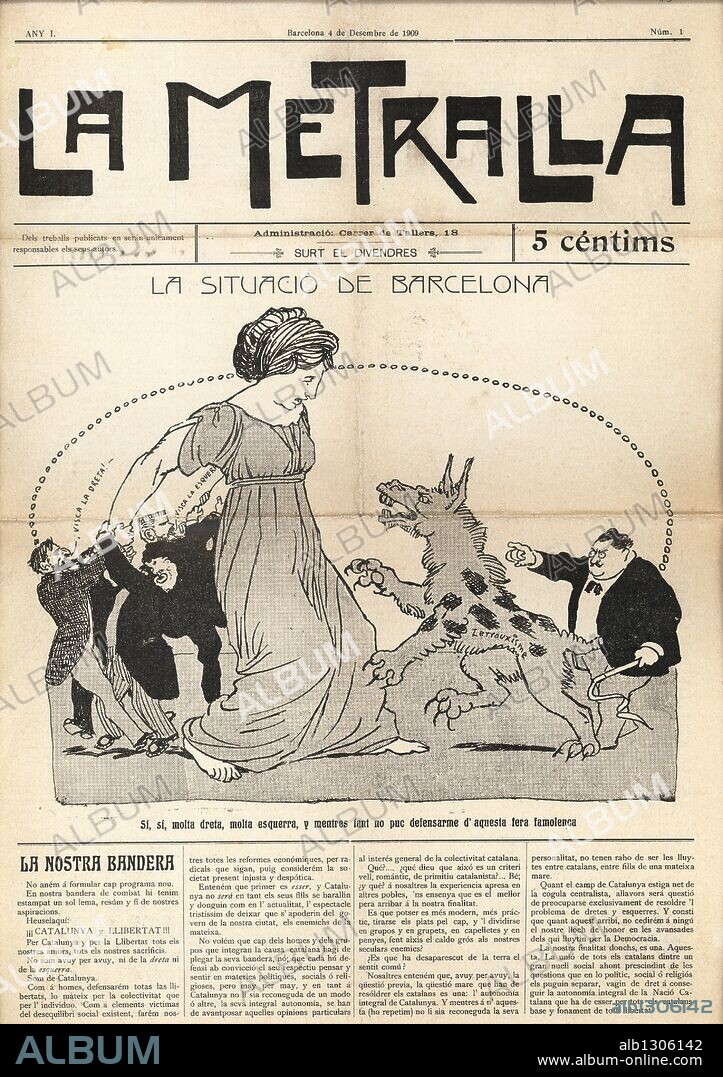 Portada del semanario catalanista La Metralla del 4 de diciembre de 1909. Alegoría de la división entre partidos de izquierda y de derecha frente al lerrouxismo.