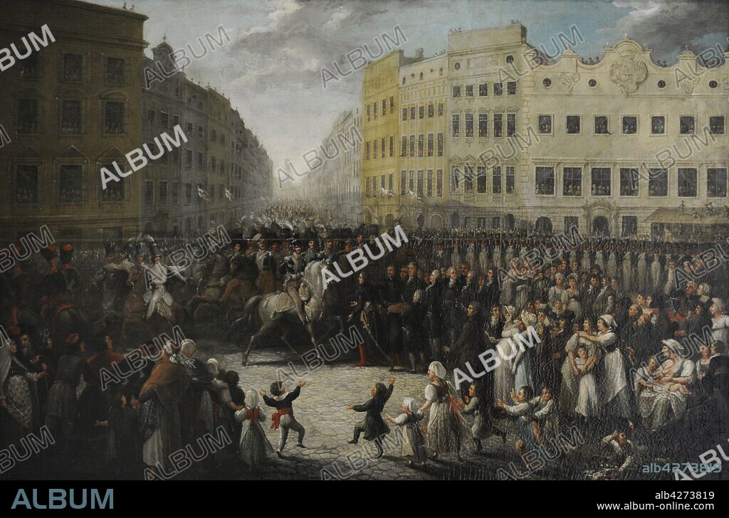 Jozef Antoni Poniatowski (1763-1813). Aristócrata y mariscal imperial polaco. Entrada del Príncipe Jozef Poniatowski en Cracovia el 15 de julio de 1809, 1821, por Michal Stachowicz (1768-1825). Galería de Arte Polaco del siglo XIX (Lonja de los Paños, Sukiennice). Museo Nacional de Cracovia. Polonia.