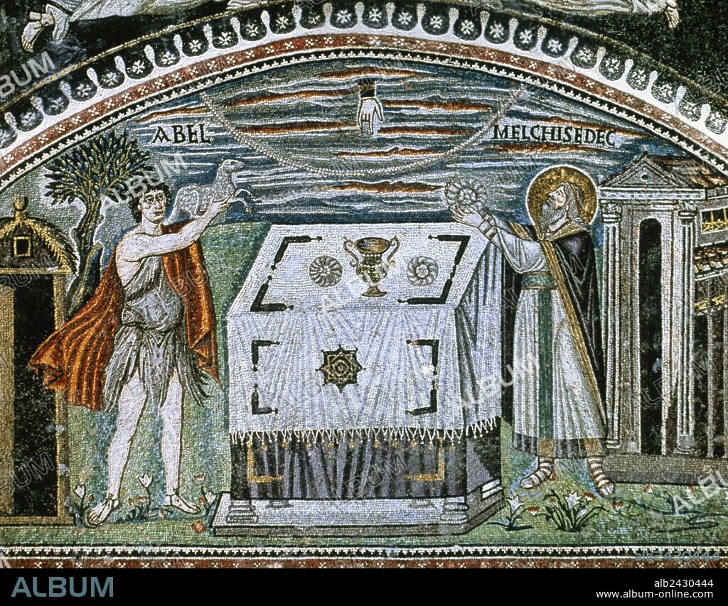 ARTE BIZANTINO. ITALIA. "SACRIFICIO DE ABELY MELQUISEDEC". Mosaico de San Vital. Siglo VI. Ravena.