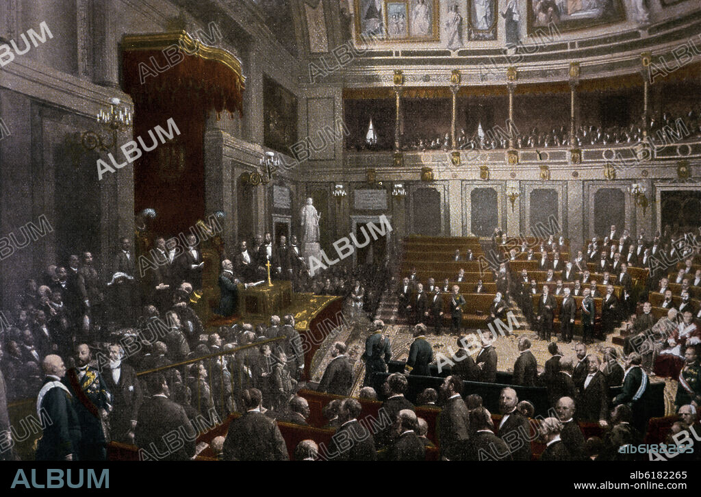 JOAQUÍN SIGÜENZA Y CHAVARRIETA. EL DUQUE DE LA TORRE PRESTA JURAMENTO COMO REGENTE DEL REINO ANTE LA CAMARA CONSTITUYENTE EL 18 DE JUNIO DE 1869 - SIGLO XIX.