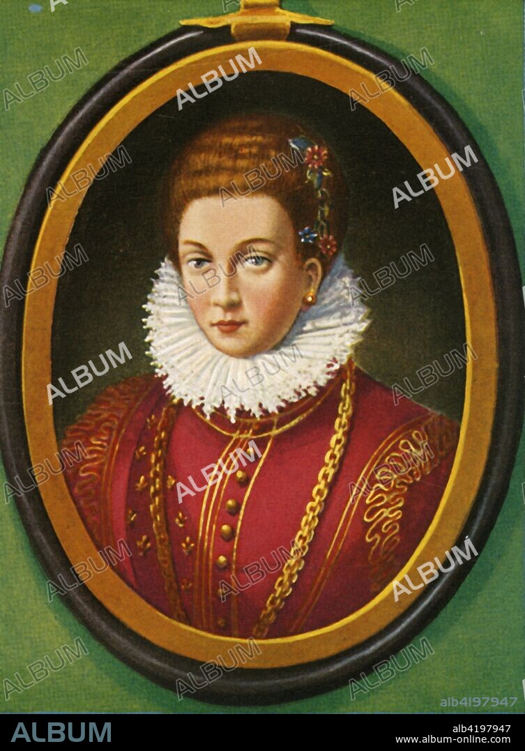 'Maria De Medici', (1933). Portrait of Marie de' Medici of France (1575-1642), second wife of Henry IV. She acted as regent for their son, Louis XIII, after Henry was assassinated in 1610. From "Gestalten Der Weltgeschichte", a book of cigarette-card portrait miniatures of figures in world history from the last four hundred years. [Germany, 1933].