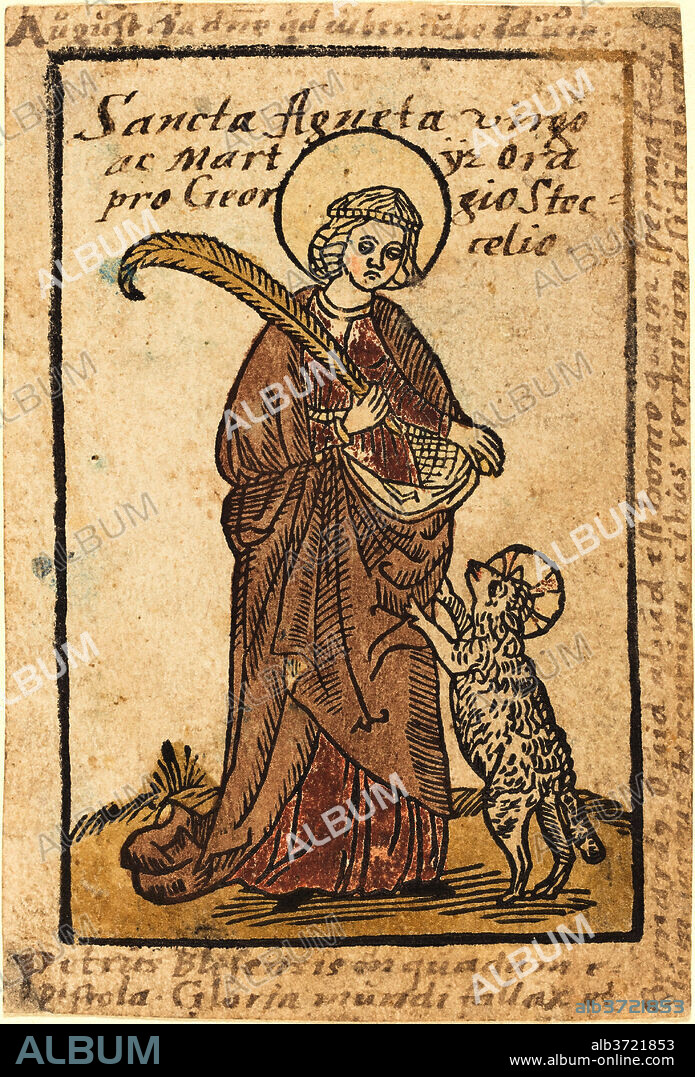 GERMAN 15TH CENTURY. Saint Agnes. Dated: c. 1490. Medium: hand-colored woodcut with manuscript inscriptions.