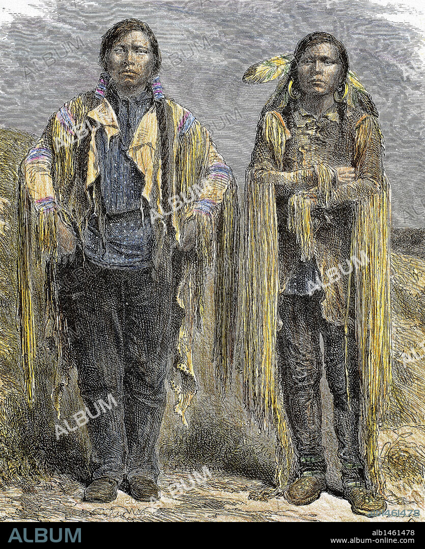 INDIOS DE AMERICA DEL NORTE. Tipos de indios UTE. Grabado coloreado del año 1880.