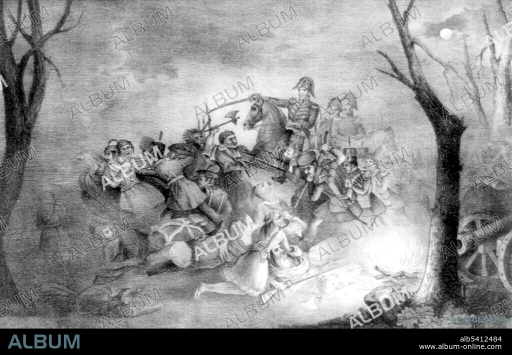 William H. Harrison on horseback, leading troops against Native Americans. The Battle of Tippecanoe was fought on November 7, 1811, between US forces led by William Henry Harrison and Native American warriors led by Tecumseh. Tecumseh and his brother Tenskwatawa were leaders of a confederacy from various tribes that opposed US expansion into Native territory. Harrison marched with an army of 1,000 men to disperse the confederacy's headquarters at Prophetstown (Tippecanoe). Tecumseh was away recruiting allies and Tenskwatawa was in charge. Harrison camped near Prophetstown and arranged to meet with Tenskwatawa the following day. The next morning, warriors attacked Harrison's army, but they stood their ground and the Natives were repulsed. John Bufford's Lithograph, (cropped and cleaned).
