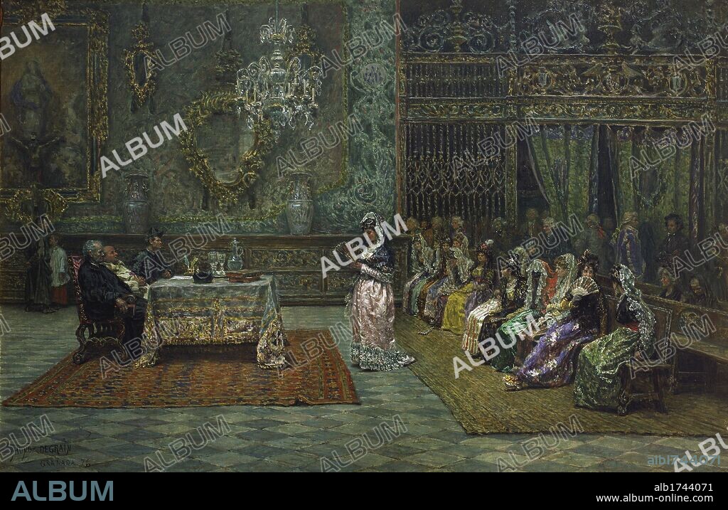 ARTE S. XIX. ESPAÑA. MUÑOZ DEGRAIN, Antonio (Valencia,1843-Málaga,1924) Pintor español. "EXAMEN DE DOCTRINA EN LA VICARIA DE GRANADA A FINALES DEL SIGLO XVIII". Museo del Prado. Depositado en el Museo de Bellas Artes de Zaragoza. Aragón.