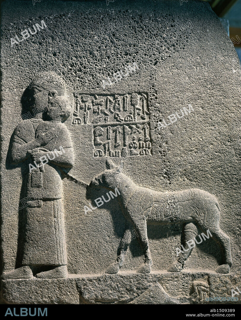 Hittite civilization, 1st millennium b.C. Basalt relief with hieroglyphic inscriptions, from procession route of Carchemish, Turkey.