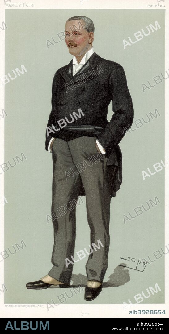 'JB', John Balfour, 1st Baron Kinross, Scottish lawyer and politician, 1899. A Liberal MP for Clackmannan and Kinross from 1880-1899, Balfour (1837-1905) held the offices of Solicitor General for Scotland (1880-1881), Lord Advocate (1881-1885, 1886, 1892-1895) and Lord Justice General (1899-1905). He was raised to the peerage in 1902. A print from Vanity Fair, April 13th 1899.