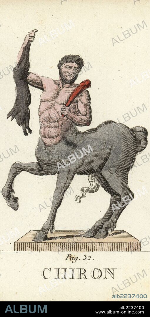 Chiron, Greek centaur known for medicine, music and hunting, shown with club and rabbit. Handcoloured copperplate engraving engraved by Jacques Louis Constant Lacerf after illustrations by Leonard Defraine from "La Mythologie en Estampes" (Mythology in Prints, or Figures of Fabled Gods), Chez P. Blanchard, Paris, c.1820.