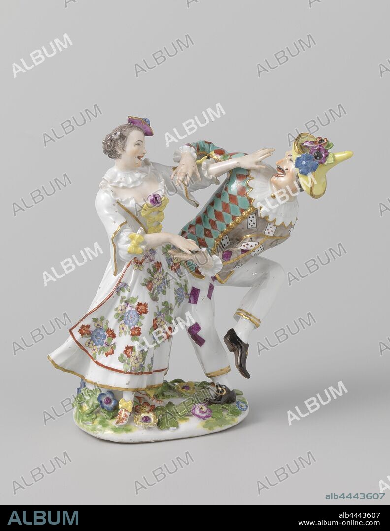 Harlequin and Columbine Harlequin and Colombine, Group of painted porcelain. On a oval pedestal covered with flowers and leaves is a dancing couple: Harlequin and Colombine. Colombine is wearing an apron with a red border and painted with multicolored flowers. Harlequin wear a pointed hat and a white collar. His jacket and pants are painted with playing cards. The group is marked, types in 'commedia dell'arte': Harlequin, one pair dancing, man and woman dancing as a couple, flowers, playing cards, Meissener Porzellan Manufaktur, Meissen, c. 1740 - c. 1744, porcelain (material), h 20.7 cm l 12.0 cm × w 8.0 cm.