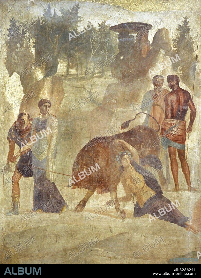 Fresco romano con la representación de Dirce atada a un toro por Anfión y Zeto para vengar a su madre Antíope. Primera época imperial. Casa del Gran Duque de Toscana, Pompeya. Museo Arqueológico Nacional. Nápoles. Italia.
