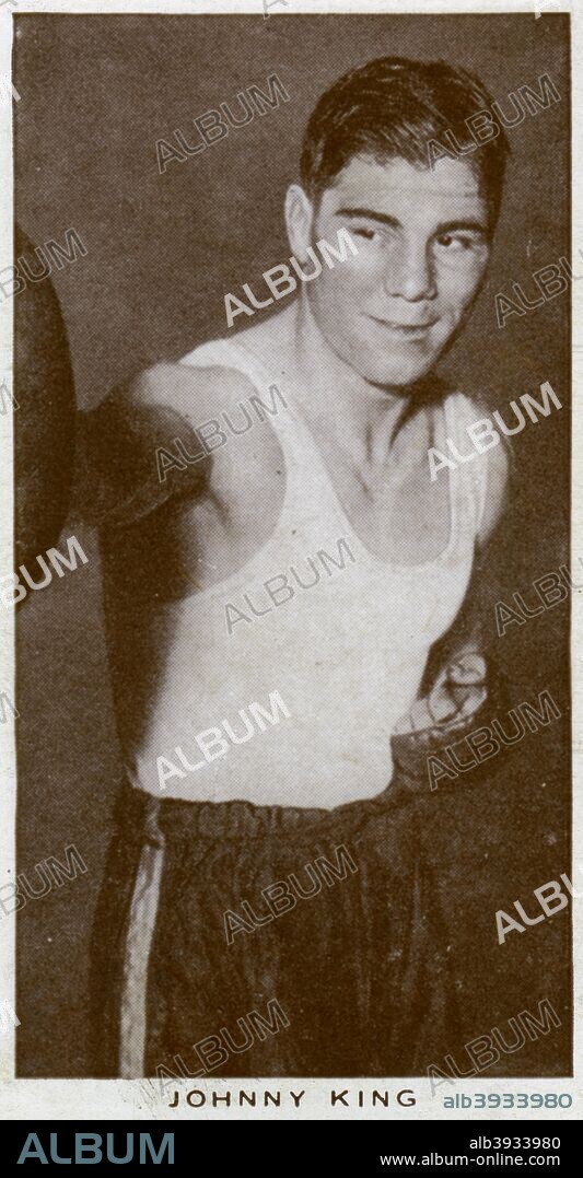 Johnny King, British boxer, 1938. Johnny King (1912-1963) fought a remarkable 225 times at flyweight and later, bantamweight, winning 149 times with 49 losses and 14 draws. In 1932 he beat Dick Corbett on points to claim the British and British Empire bantamweight titles. The following year he lost a world title bout against Panama Al Brown on points. In 1934 King fought Corbett twice more for the British and Empire bantamweight belts, losing the first fight and drawing the second, but regained the by then vacant British title in 1935 with a points win over Len Hampston. He failed in an attempt to win the British featherweight championship in 1936, but made successful defences of his bantamweight title in 1937 and 1938. The belt remained in King's possession until 1947, when he was knocked out by Jackie Paterson in what would be his last fight. A Churchman's Cigarettes picture card.
