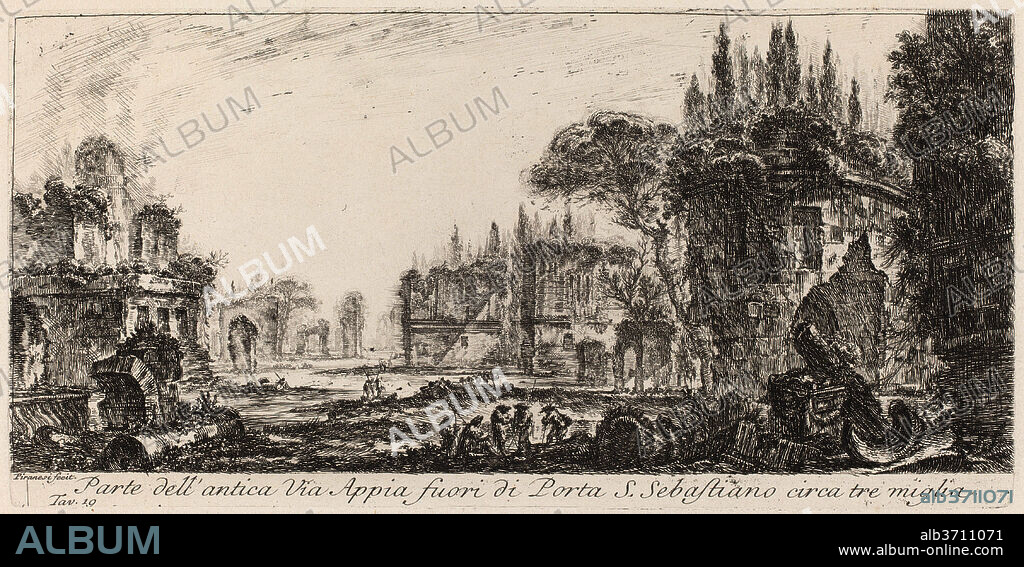 GIOVANNI BATTISTA PIRANESI. Parte dell'antica Via Appia fuori de Porta S. Sebastiano. Dated: 1748. Dimensions: plate: 13.5 x 27.4 cm (5 5/16 x 10 13/16 in.)  sheet: 37.1 x 52.7 cm (14 5/8 x 20 3/4 in.). Medium: etching on laid paper.