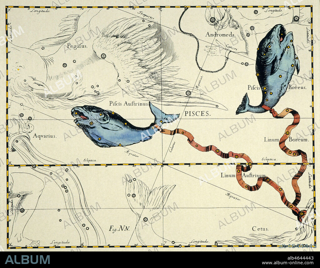 ' PISCES' Constellation des POISSONS. gravure mise en couleurs par nos soins. Table des longitudes et des latitudes des etoiles fixes basees sur les observations d'ULUG BEG, Oxford, 1665. Credit: Coll. Kharbine Tapabor.
