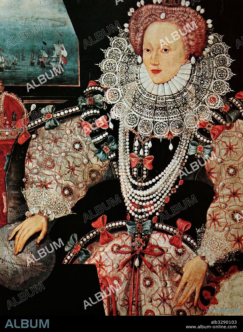The Armada Portrait of Elizabeth I of England (1533-1603) was Queen of England and Ireland. The Armada Portrait is one of three surviving versions of an allegorical panel painting depicting the Tudor queen surrounded by symbols of imperial majesty against a backdrop representing the defeat of the Spanish Armada. Dated 16th Century.