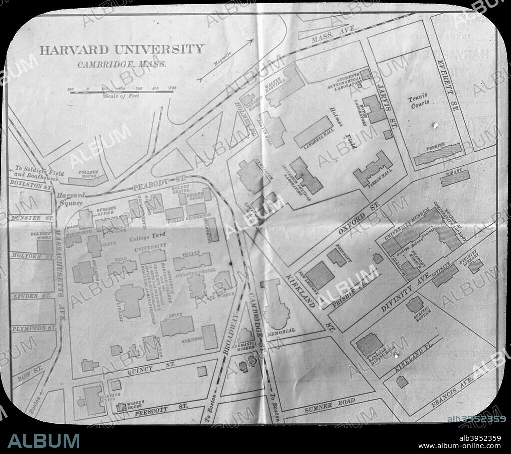 Harvard University campus map, Cambridge, Massachusetts, USA, late 19th or early 20th century. Founded in 1636, Harvard University is named after its first major donor, John Harvard, a clergyman and graduate of Emmanuel College, Cambridge, who bequeathed several hundred pounds and a collection of books which formed the basis of the university's library. A statue of him stands in Harvard Yard. Lantern slide.