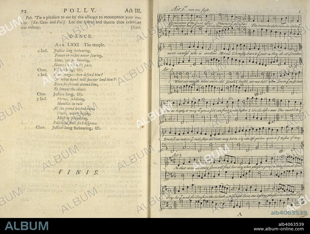 JOHN GAY. Lyrics and a music score. Polly: an Opera. Being the Second Part of the Beggar's Opera. Written by Mr. Gay. [With an appendix containing the songs arranged by J. C. Pepusch.]. London : Printed for the Author, 1729. Source: Hirsch IV.1576.(2.), page 72 and opposite. Language: English.