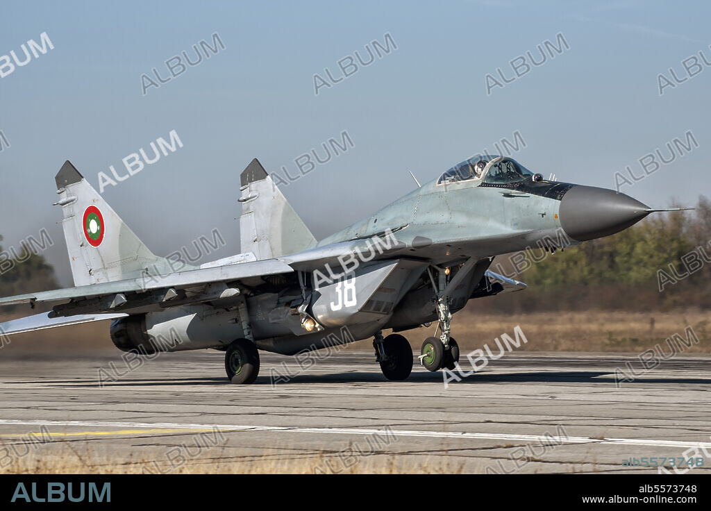 Bulgarian Air Force MiG-29 fighter jet taking off from Graf Ignatievo Air Base, Bulgaria, for a training mission.