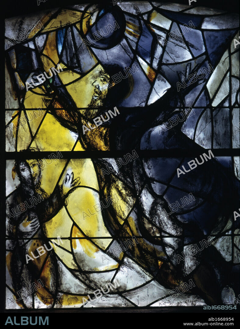 USA, New York City, Sleepy Hollow, Union Church of Pocantico Hills, Yellow stained glasswindow by Marc Chagall, 1887-1985.