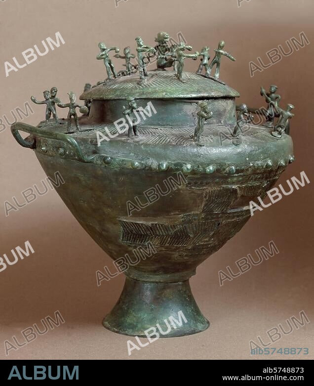 Early Etruscan, Villanova culture, c. 730-700 BC. Cinerarium with ithyphallic warriors dancing around a monster. Bronze, height 32.5cm. Found in: Bisenzio, necropole of Olmo Bello, Tomba 22. Inv. No. 57966. Rome, Museo Nazionale di Villa Giulia.
