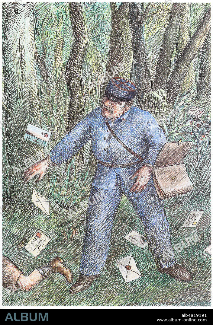 Le facteur. Illustration de 1977 par Roland TOPOR (1938-1997=ADAGP) pour la jument verte des Oeuvres de Marcel AYME (1902-1967). Credit : Collection Jonas/Kharbine-tapabor.