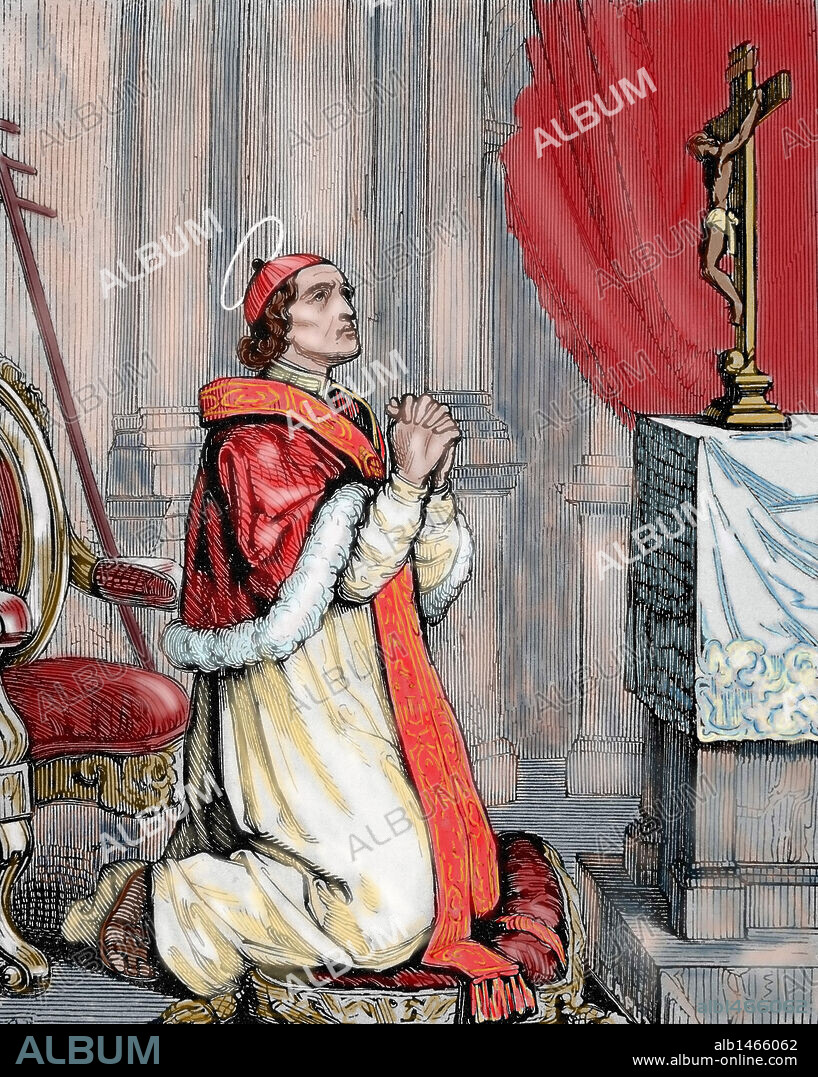 PIO V, San (Bosco,1504-Roma,1572). Papa italiano, de nombre Antonio Ghislieri. Elegido en 1566, era cardenal (1557). Pertenecía a la Orden Dominicana. Mantuvo tensión constante con Felipe II de España, por su intervencionismo en materia eclesiástica. Patrocinó la formación de la escuadra que venció a los turcos en Lepanto (1571). Grabado por Capuz. Coloreado.