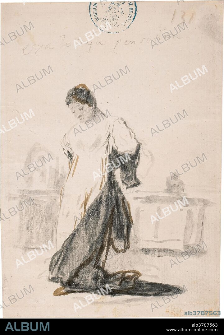 Francisco de Goya y Lucientes / 'Esta lo deja pensativa. Álbum C, 131'. 1812 - 1814. Aguada, Pincel, Tinta de hollín, Tinta parda, Trazos de lápiz negro sobre papel verjurado, 206 x 146 mm.