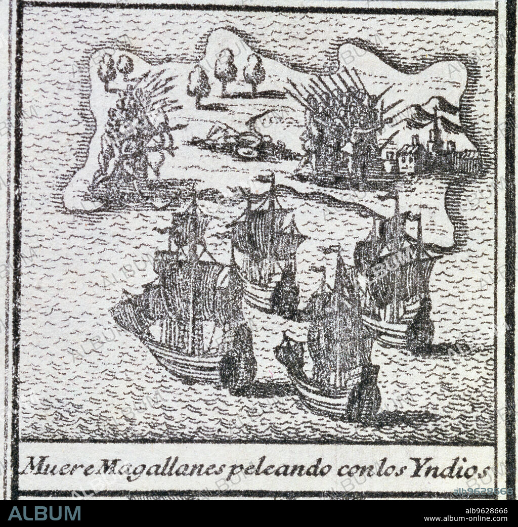 Death of Magellan to intervene in the fight between natives in one of the islands of the Philippines, on April 27, 1521, engraving from 1726.
