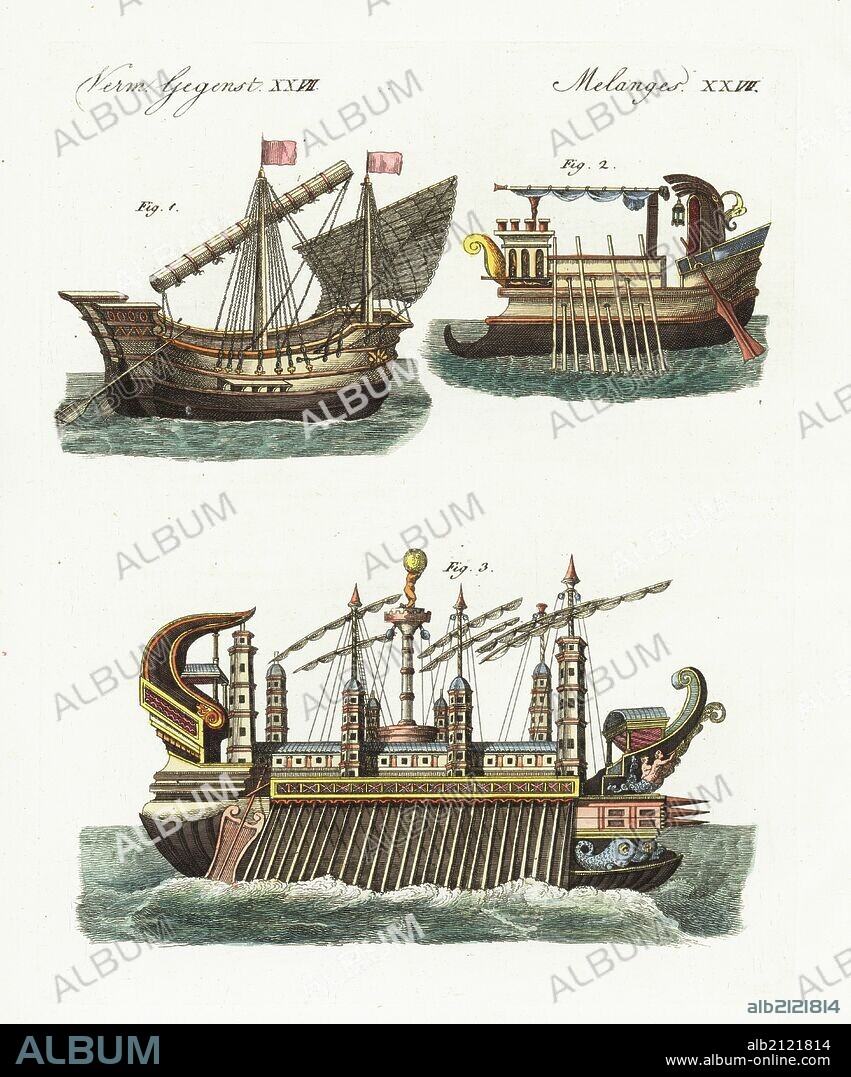 Ancient ships: Phoenician merchant ship 1, ancient warship 2, and the floating castle of King Hiero of Syracuse, Sicily, designed by Archimedes 3. Handcoloured copperplate engraving from Bertuch's "Bilderbuch fur Kinder" (Picture Book for Children), Weimar, 1798. Friedrich Johann Bertuch (1747-1822) was a German publisher and man of arts most famous for his 12-volume encyclopedia for children illustrated with 1,200 engraved plates on natural history, science, costume, mythology, etc., published from 1790-1830.