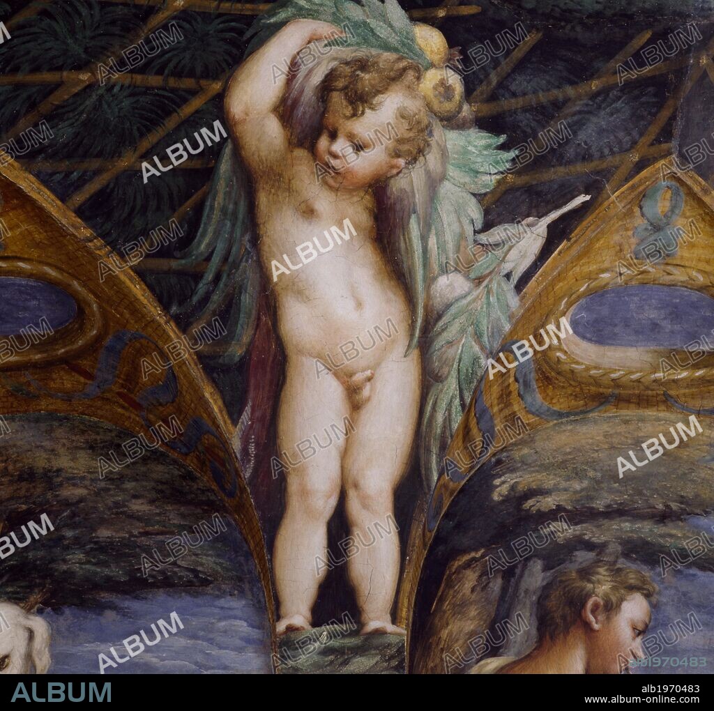 Cherub, detail from the Myth of Diana and Actaeon, ca. 1524, by Francesco Mazzola, known as Parmigianino (1503-1540), fresco, north side of the Room of Diana and Actaeon, Rocca Sanvitale, Fontanellato, near Parma, Emilia-Romagna. Italy, 16th century.