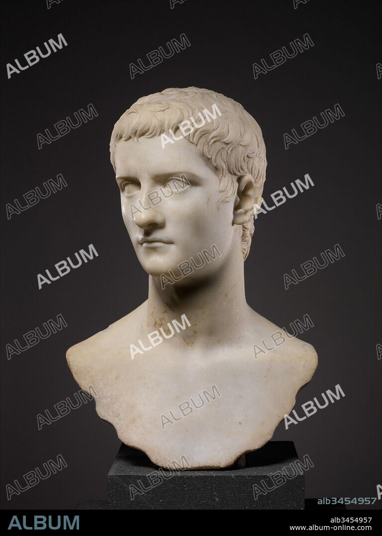 Marble portrait bust of the emperor Gaius, known as Caligula, Early Imperial, Julio-Claudian, A.D. 37–41, Roman, Marble, H. 20 in. (50.8 cm), Stone Sculpture, The portrait style created for Augustus was adopted by his family and immediate successors in order to stress the unity and continuity of the Julio-Claudian dynasty. This fine bust of Caligula (r. A.D.