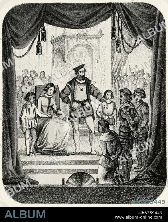 Friedrich der Sanftmütige, Kurfürst und Herzog von Sachsen, 1412-1464. Sächsischer Prinzenraub 1455: Der Entführer der Prinzen, Kunz von Kaufungen, vor Friedrich d. Sanftmüt. Kreidelithogr., kol., v. Theodor Hosemann. Aus: C.F.A.Kolb, Schauspiele für die Jugend (...), Stuttgart (Schmidt & Spring), 1854.