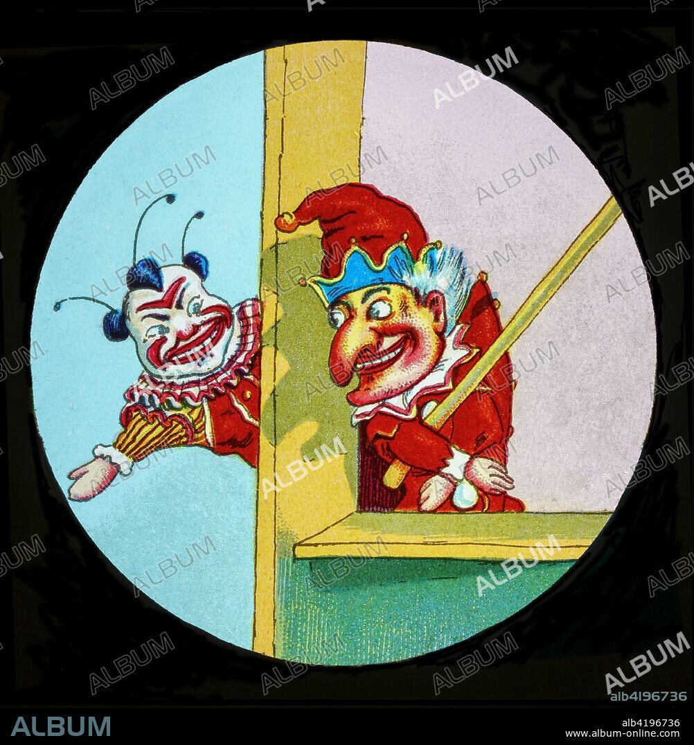 Magic Lantern slide circa 1900 hand coloured. Punch and Judy Show. Hullo ! here's my friend the clown. What cheer, Joey, what a mouth you have got to be sure. Don't open it any wider, or I might fall down and hurt myself. Joey: Oh, Mr. Punch, you're in for it. They say you've killed your baby. I saw the beadle coming down the street.