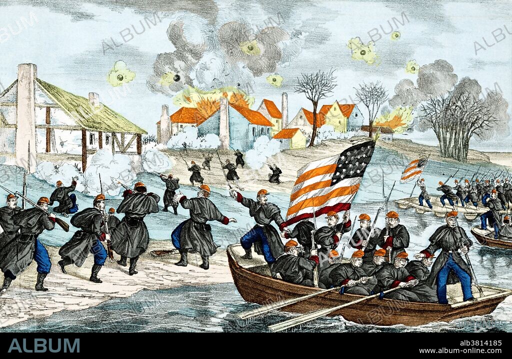 Entitled: "Crossing the Rappahannock" showing Union infantry crossing the Rappahannock River in pontoon boats and firing at and being fired at by Confederate sharpshooters in Fredericksburg, Virginia. The Battle of Fredericksburg was fought December 11-15, 1862, in and around Fredericksburg, Virginia, between General Robert E. Lee's Confederate Army of Northern Virginia and the Union Army of the Potomac, commanded by Major General Ambrose E. Burnside. The Union army's futile frontal assaults on December 13 against entrenched Confederate defenders on the heights behind the city is remembered as one of the most one-sided battles of the American Civil War, with Union casualties more than twice as heavy as those suffered by the Confederates. Lithograph by Oehmigke & Riemschneider, 1863-70.