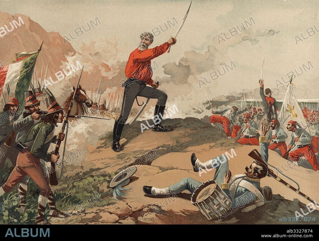 Historia. Italia. Tercera guerra de independencia. Tropas al mando de Giuseppe Garibaldi (1807-1882) contra las tropas francesas que daban soporte al Papa Pio IX y los estados pontificios en 1867. Grabado de 1896.