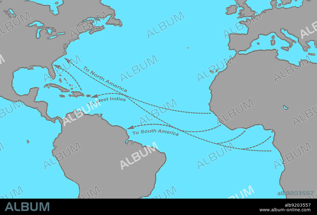 A map showing the routes of ships bringing African slaves to South America, the Caribbean, and North America. These slave traders transported roughly 12 million enslaved Africans, mainly purchased from local West African leaders, across the Atlantic from the 16th to the 19th century. The major Atlantic slave trading nations, ordered by trade volume, were: the Portuguese, the British, the French, the Spanish, and the Dutch Empires.
