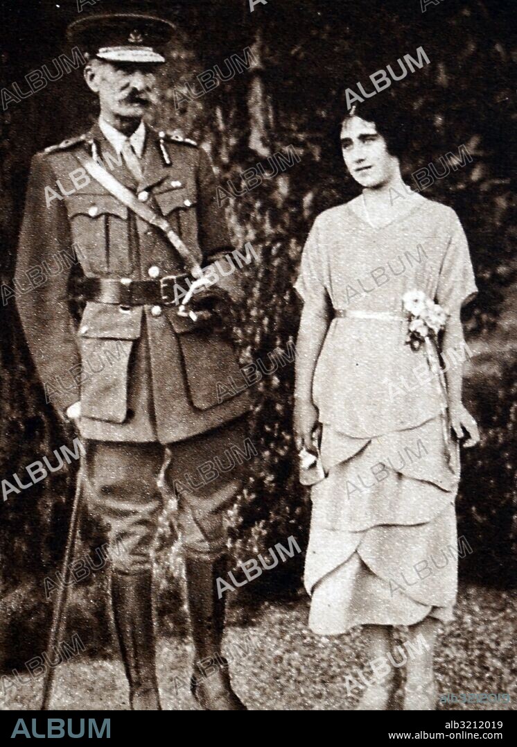 Photograph of Claude Bowes-Lyon, 14th Earl of Strathmore and Kinghorne (1855-1944) with his daughter, Elizabeth Angela Marguerite Bowes-Lyon, Queen Mother (1900-2002). Dated 20th Century.