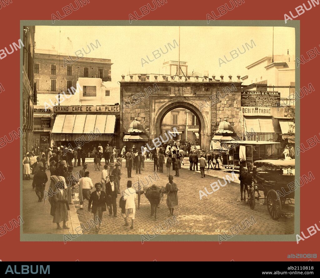 Tunis, La Porte de France, Tunisia, Neurdein brothers 1860 1890, the Neurdein photographs of Algeria including Byzantine and Roman ruins in Tébessa and Thamugadi; mosques, shrines, public buildings, palaces, and street scenes in Mostaganem, Biskra, Algiers, Tlemcen, Constantine, Oran, and Sidi Bel Abbès; and the cathedral at Carthage. Portraits of Algerian people include Berbers, Ouled Naïl women, and prisoners in Annaba. Tunisian views include mosques, buildings, and street scenes in Tunis.