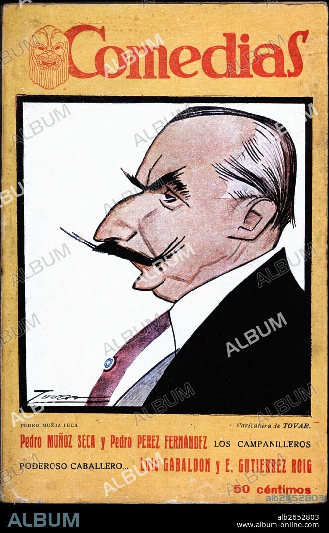 MANUEL TOVAR SILES. Portada de la publicación "Comedias". Caricatura de Pedro Muñoz Seca (1879-1936). Editorial siglo XX, Madrid. Años 1920.