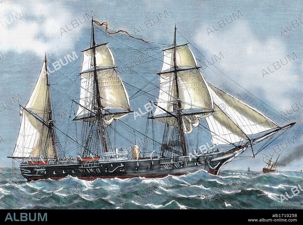 FRAGATA "BLANCA" perteneciente a la Marina Española de Guerra, destinada a un viaje de circunnavegación. Grabado por Capuz. "La Ilustración Española y Americana", 1886. Coloreado.