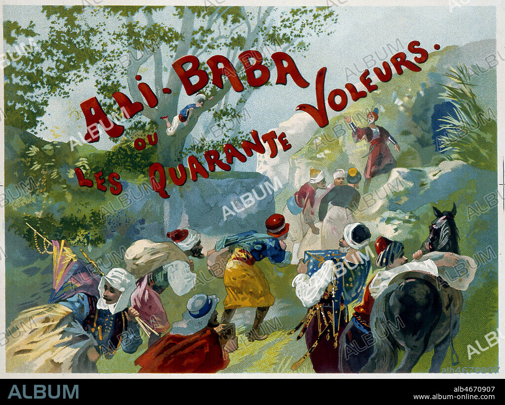 Ali baba et les quarante voleurs: Ali baba observe de son arbre les voleurs entrant dans la caverne deposer les tresors. Chromolithographie fin 19eme siecle. Credit: Coll. Galdoc-Grob/KHARBINE-TAPABOR.