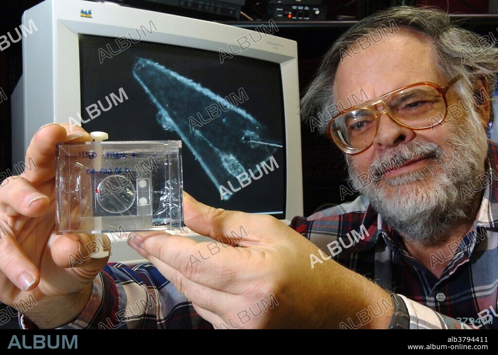Researcher displays a sample from the Stardust mission, which collected samples of comet dust and returned them to the Earth. The sample was analyzed at the Advanced Photon Source at Argonne National Laboratory. The particles are the first pieces of a comet to have ever been plucked from outer space and returned to Earth. The primary goal of Stardust was to collect dust and carbon-based samples during its closest encounter with Comet Wild 2. Samples spent a few days at Argonne and were bombarded by the high-precision X-ray beams from the Advanced Photon Source (APS). By using the APS to map the samples, researchers hope to determine their chemical makeup and to gain a better understanding of the composition of comets and other planetary bodies, including the Earth. The particles were captured in aerogel, a special type of foamed glass, made so lightweight that it is barely visible and almost floats in air. This project gives scientists the opportunity to determine the unique characteristics of a comet.