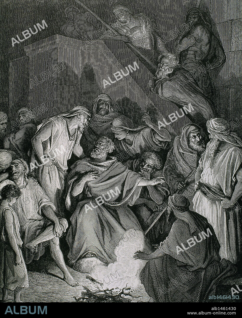 SAN PEDRO (m. 64 a 67). Apóstol principal de Jesucristo y primer Papa de la Iglesia Católica. "NEGACIONES DE PEDRO". (San Mateo, Capítulo XXVI, Versículos 69 al 75). Dibujo de G. Doré, grabado de Pannemaker.
