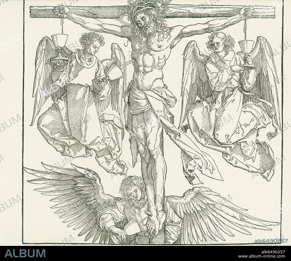 ALBERTO DURERO. Christ on the Cross with three Angels. Around 1513. 
Woodcut, 395 x 412mm (first block), 577 x 412mm (overall size including second block featuring the lower angel.).