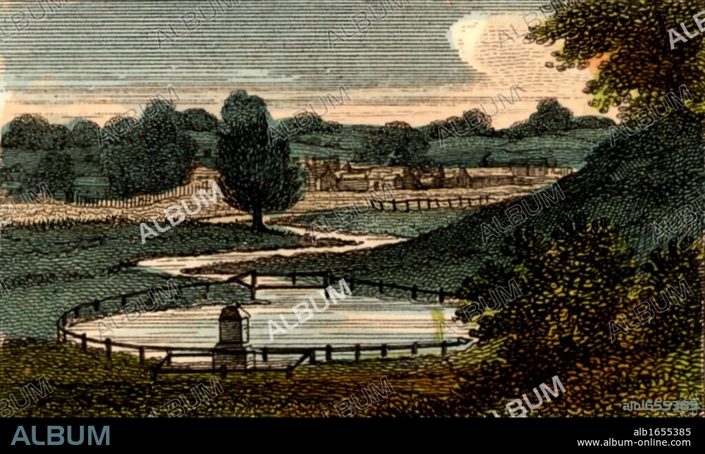 Chadwell Springs near Ware, Hertfordshire, England, a source of water which was taken by means of the 38 mile (61.155km) artificial waterway known as the New River to New River Head, London. The New River was created by Hugh Middleton (c1555-1631) between 1609 and 1613.  From "Scenes in England" by the Rev. Isaac Taylor, London, 1822. Hand-coloured engraving.  (Photo by: Universal History Archive/UIG via Getty Images).