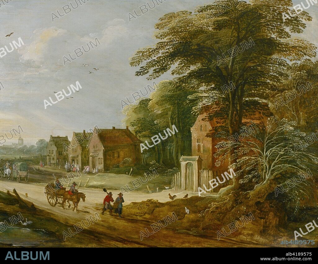'Travellers Passing through a Village', late 16th or early 17th century. Painting in the collection of Brodsworth Hall, South Yorkshire.